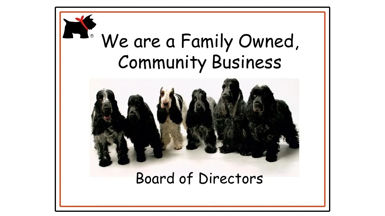 Dog Family A group of dogs that are sitting in front of the words " we are family owned, community business ".